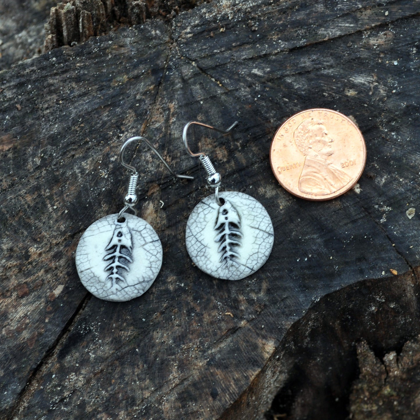 Raised Fish Bone Earrings, small round black, sea, beach, lake