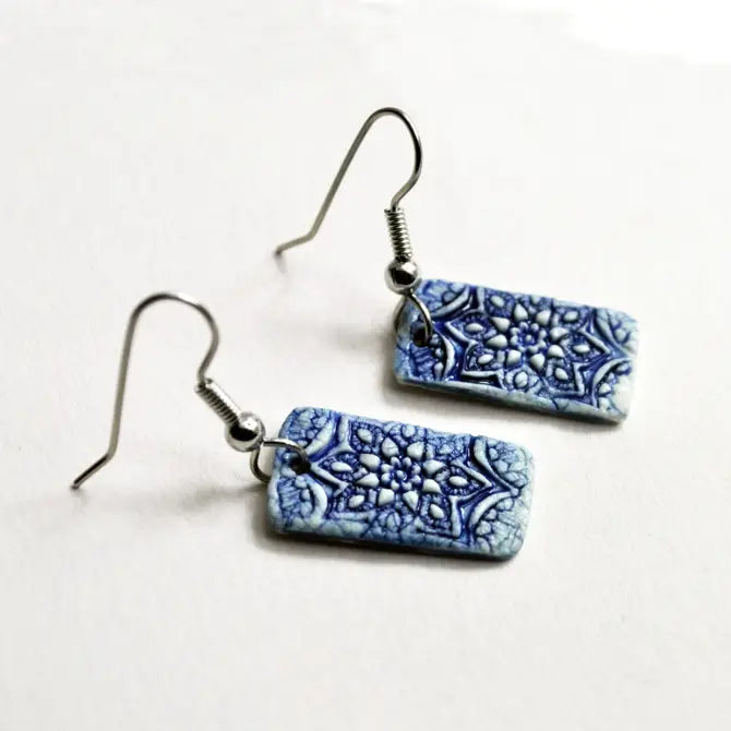 Earrings, sm rect blue, Es732 handmade pottery, boho, usa