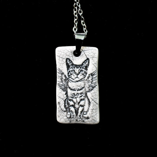 Angel Kitten w/wings Pendant, small rectangle, handmade porcelain, kiln fired