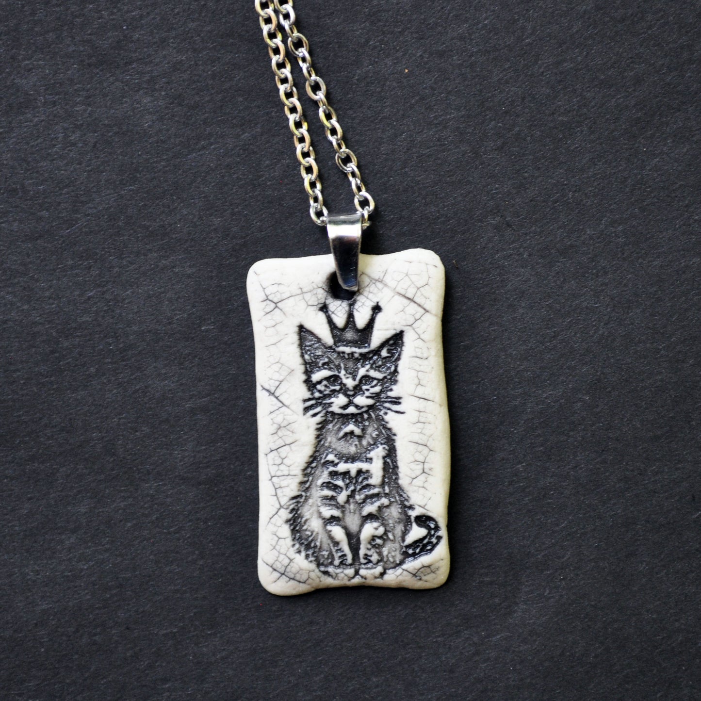 Crown Kitten Pendant, small rectangle, handmade porcelain, kiln fired