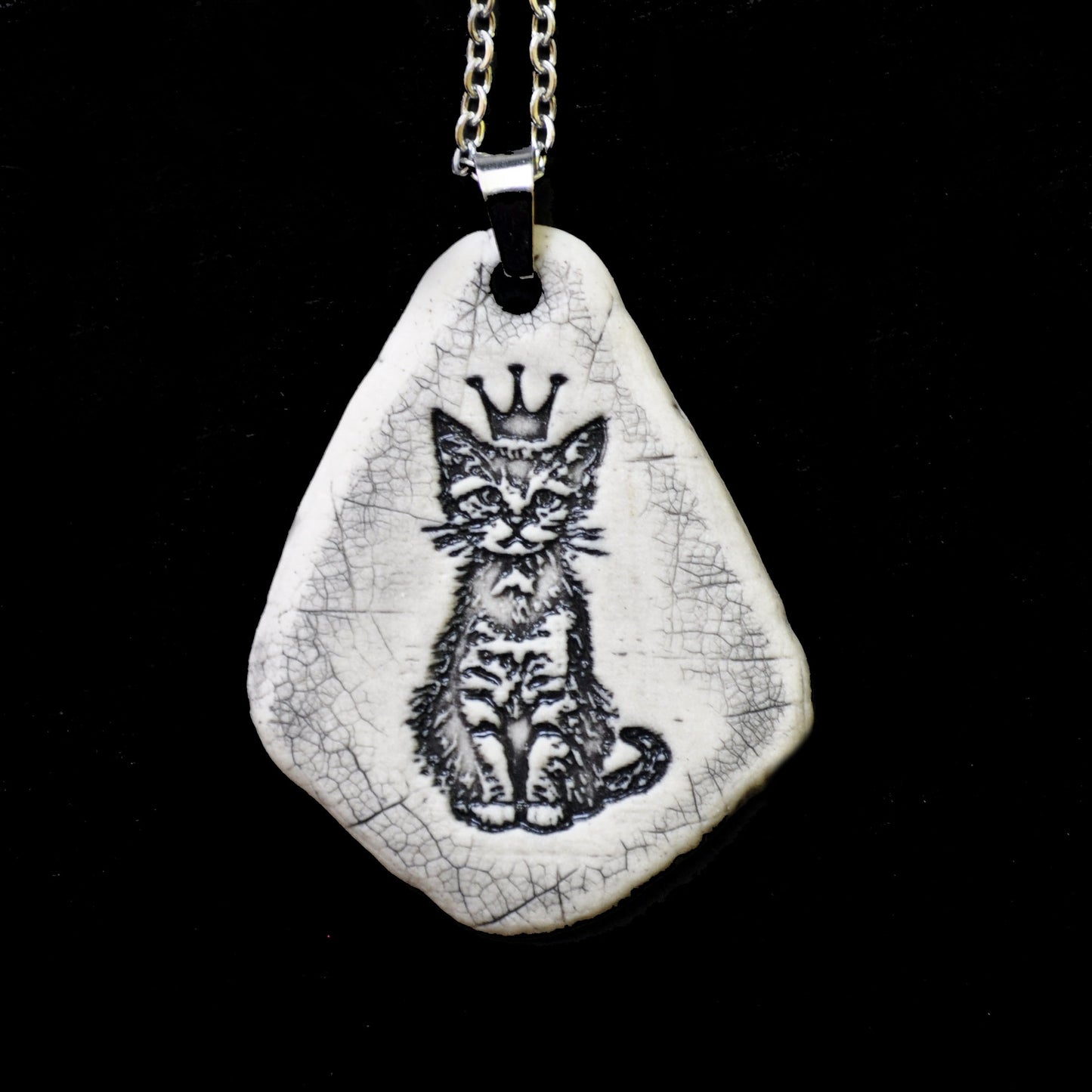 Crown Kitten Pendant, vertical, handmade porcelain, kiln fired