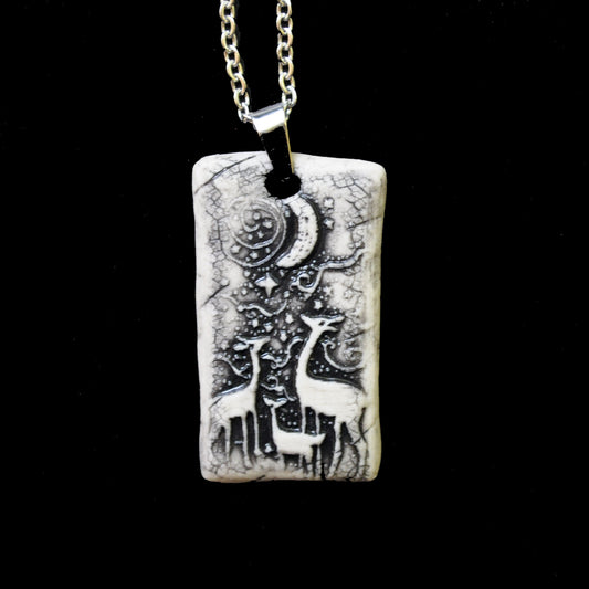 Magical Night Deer Pendant, small rectangle, black, handmade porcelain, kiln fired