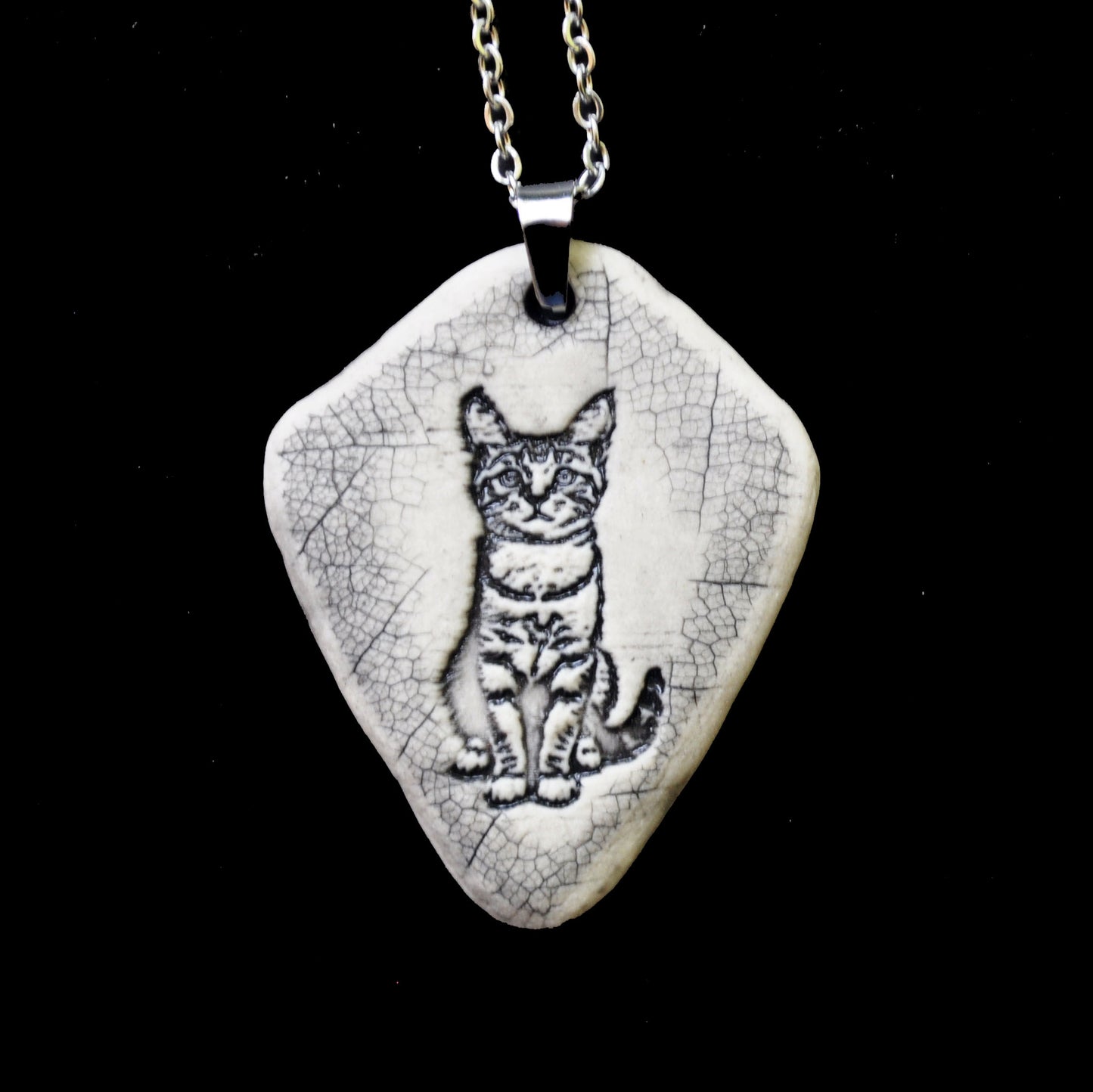 Tabby Kitten Pendant, vertical, handmade porcelain, kiln fired