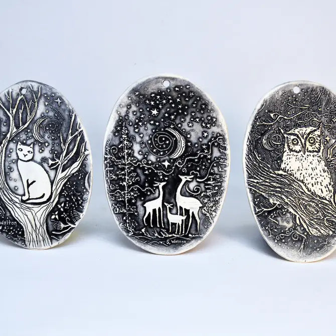 Handmade Pottery,  hanging tile, black Magical Night Deer Family, vertical