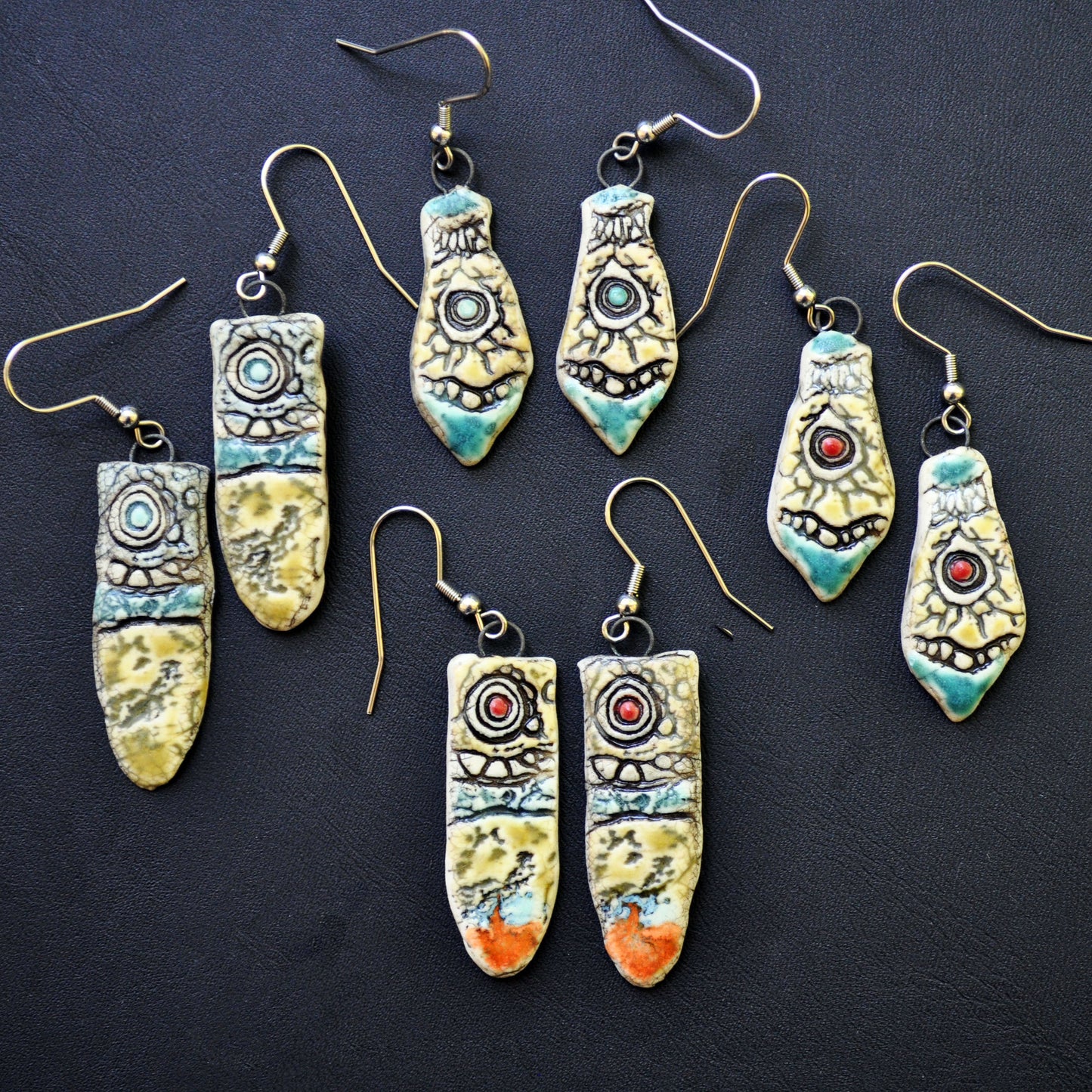 Earrings, Boho Tribal shield with red dot and touch of orange