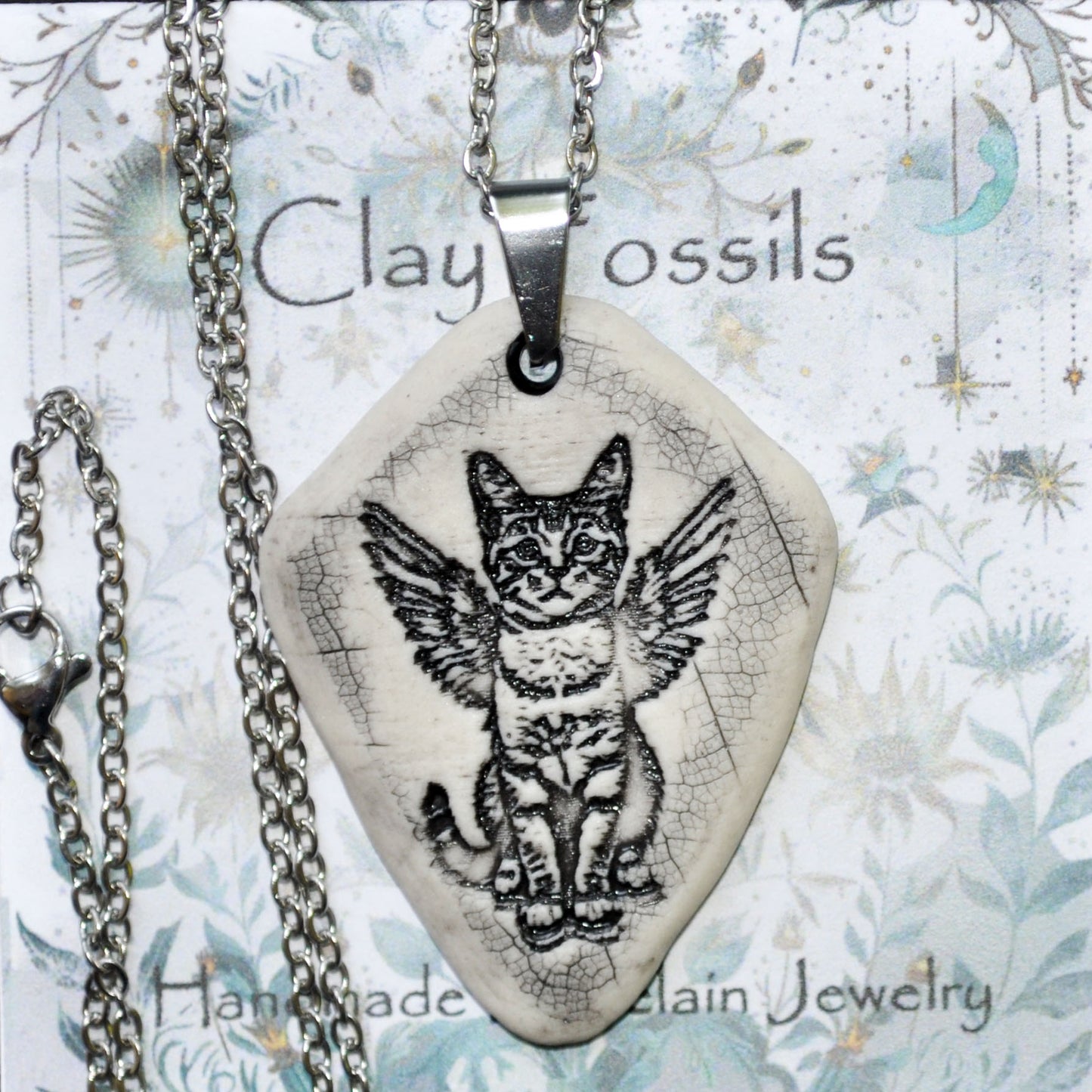 Angel Kitten w/ wings Pendant, handmade porcelain, kiln fired