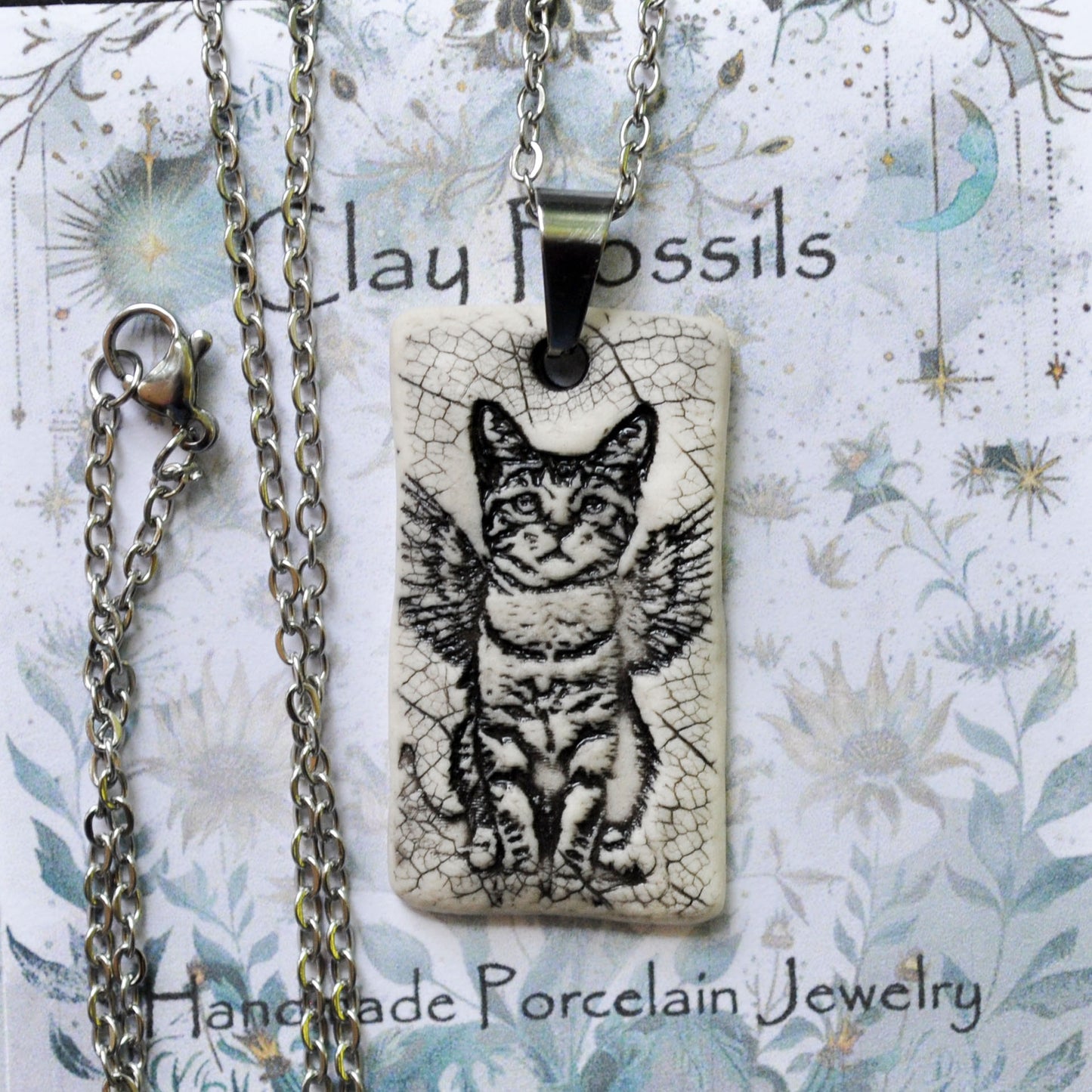 Angel Kitten w/wings Pendant, small rectangle, handmade porcelain, kiln fired