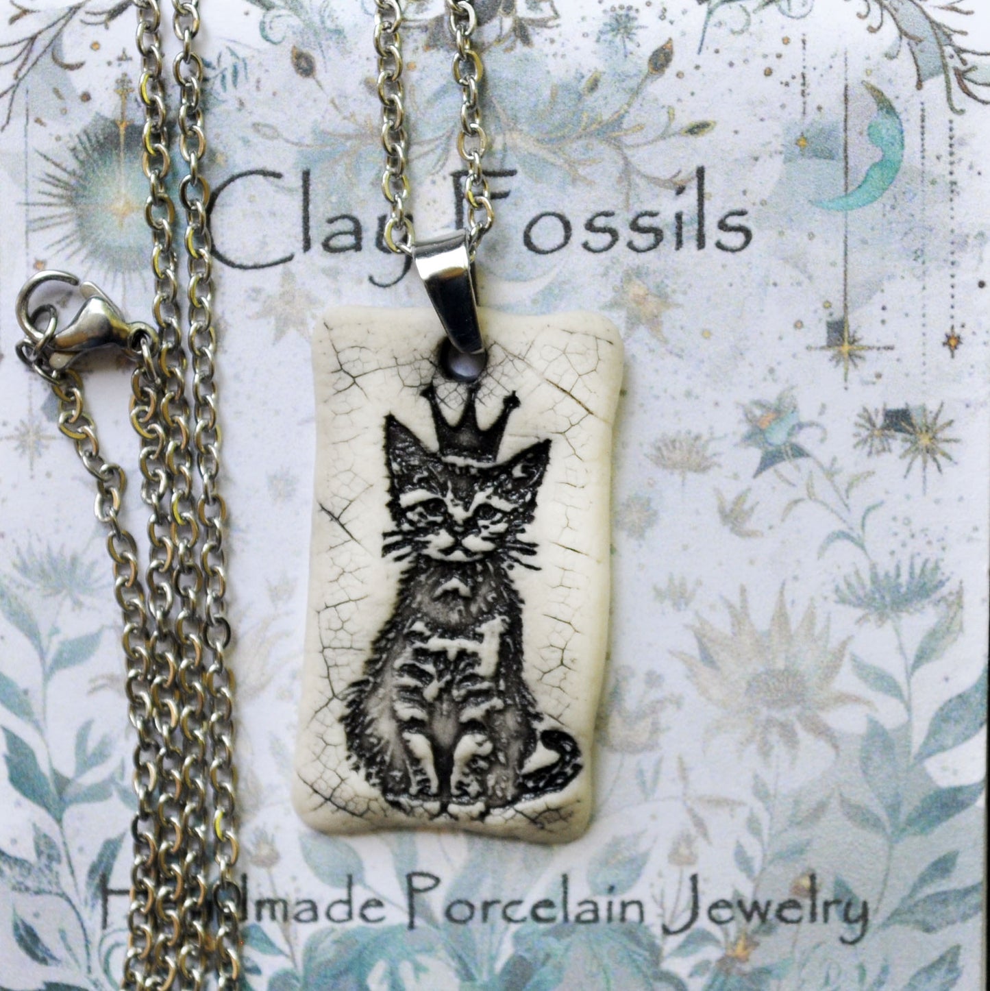 Crown Kitten Pendant, small rectangle, handmade porcelain, kiln fired