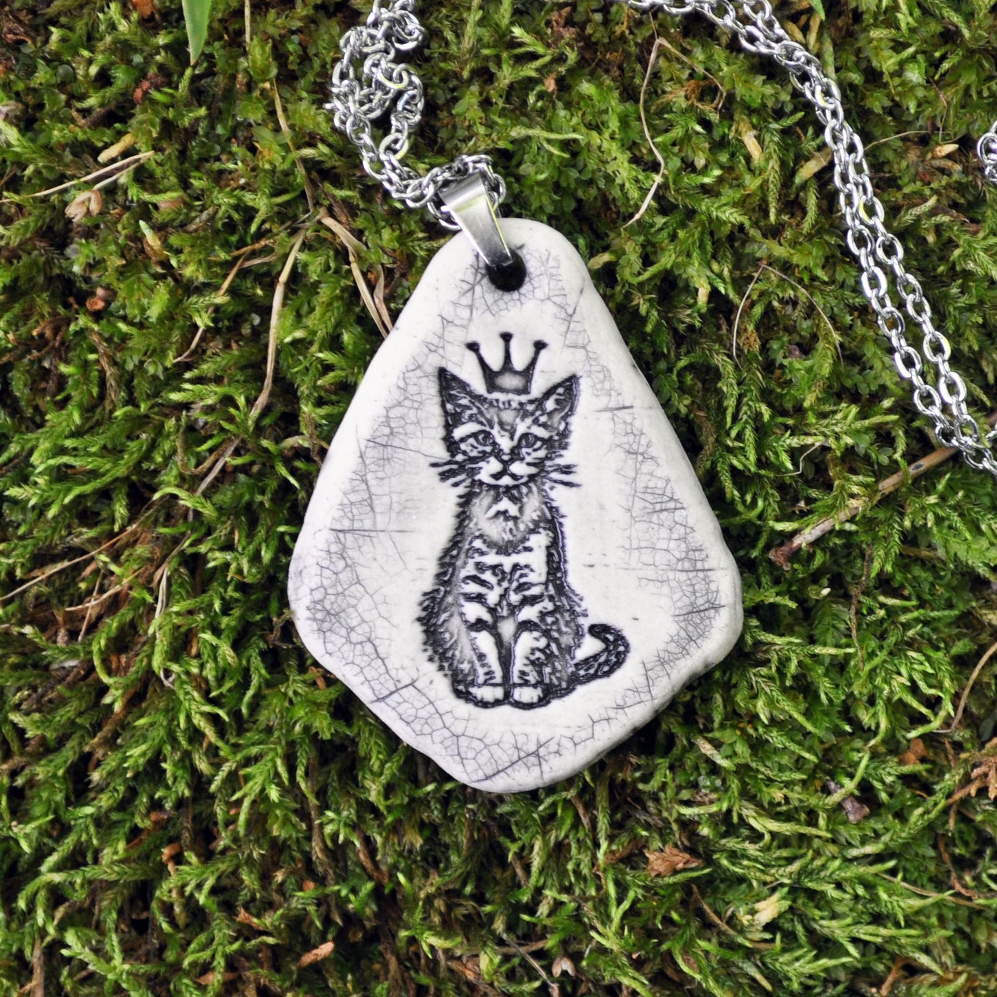 Crown Kitten Pendant, vertical, handmade porcelain, kiln fired