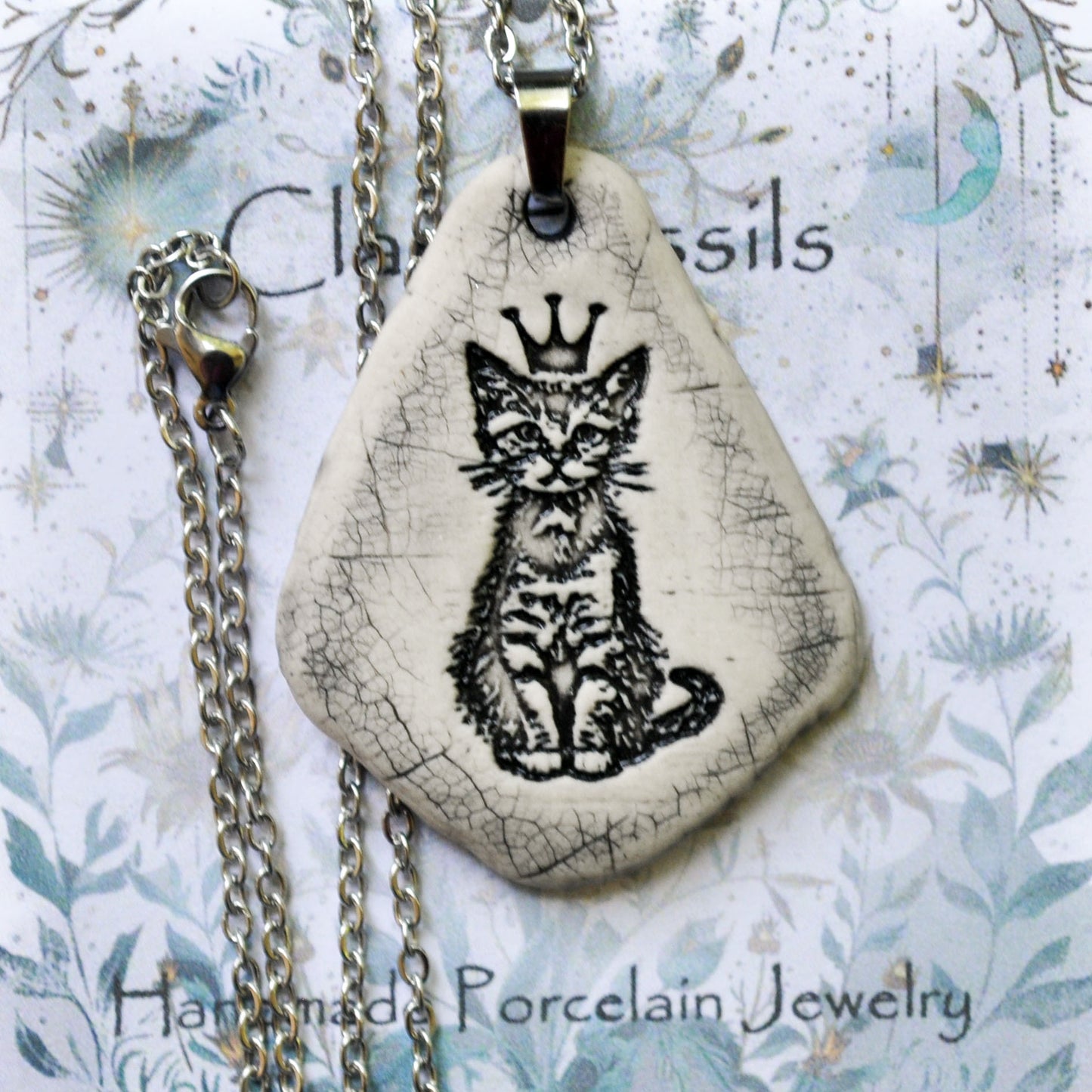 Crown Kitten Pendant, vertical, handmade porcelain, kiln fired