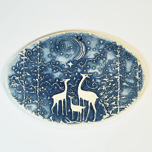 Handmade Pottery,  hanging tile, Deer Family, Blue, Horizontal