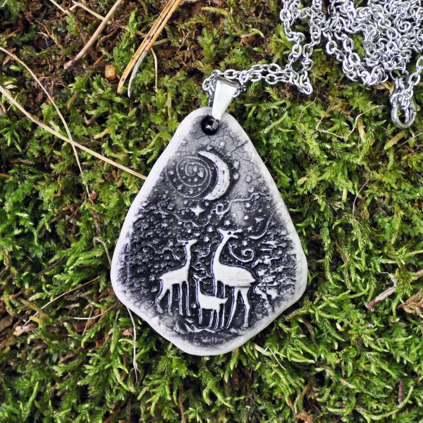 Magical Deer Pendant, vertical, handmade porcelain, kiln fired