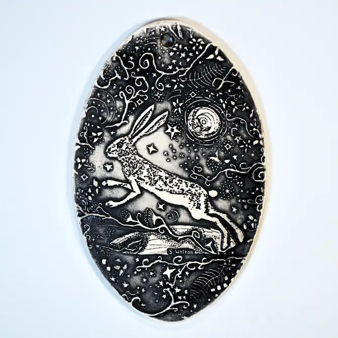 Handmade Pottery,  hanging tile, Rabbit Moon in Black, vertical