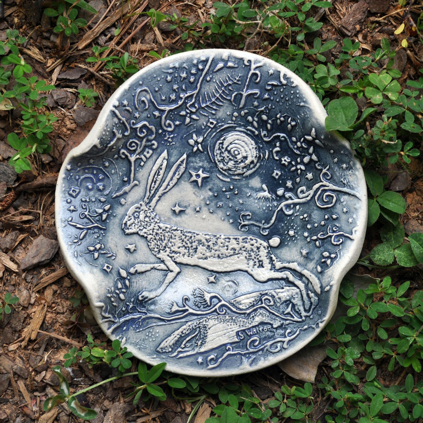 Soap dish, spoon rest, Rabbit Moon in blue