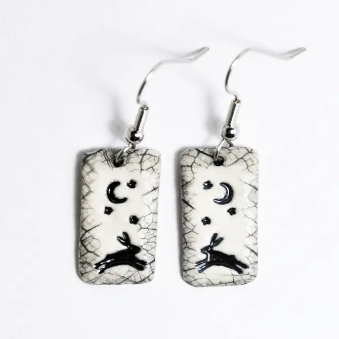 Earrings, Handmade Porcelain, Rabbit Moon, black