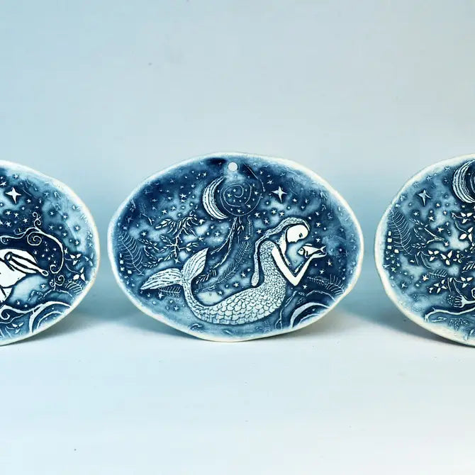 Handmade Pottery,  hanging tile, Rabbit Moon in Blue, horizontal