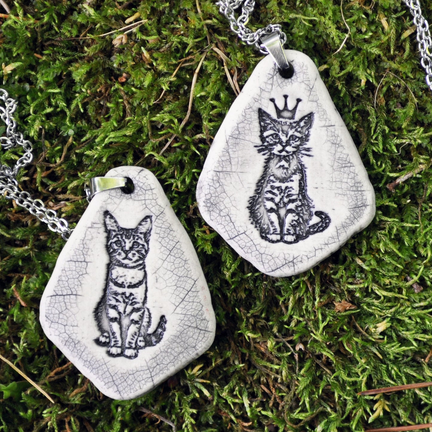 Tabby Kitten Pendant, vertical, handmade porcelain, kiln fired