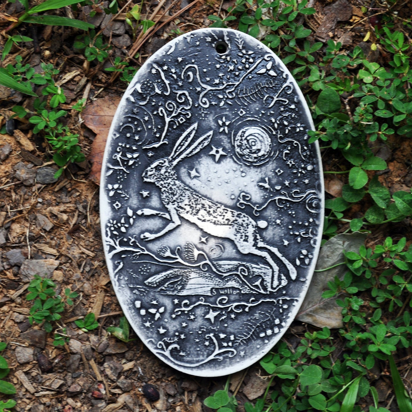 Handmade Pottery,  hanging tile, Rabbit Moon in Black, vertical